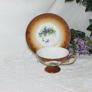 Vintage Footed Cup & Saucer Shafford Japan Brown Porcelain Floral